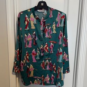 Natori Teal and Multicolor Printed Blouse